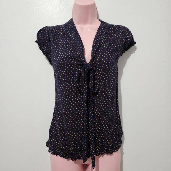 Vintage Y2K -  Jane Norman - Blouse Neck Tie Heart Polka Dot -  Size 8 - Navy - Picture 1 of 8